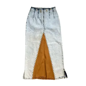 Denim Skirt In Acid-Washed Blue With Brown Panel