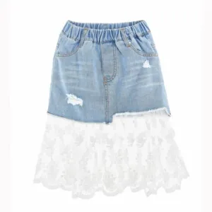 Denim Skirt with Lace Hem