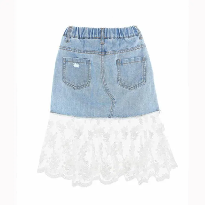 Denim Skirt with Lace Hem