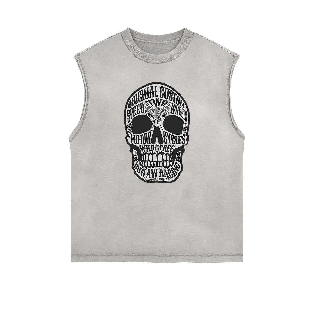 Distressed Sleeveless Skull & Money Pattern Tee
