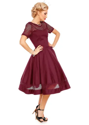 Dolly & Dotty Tess Embroided 50's Swing Dress Burgundy