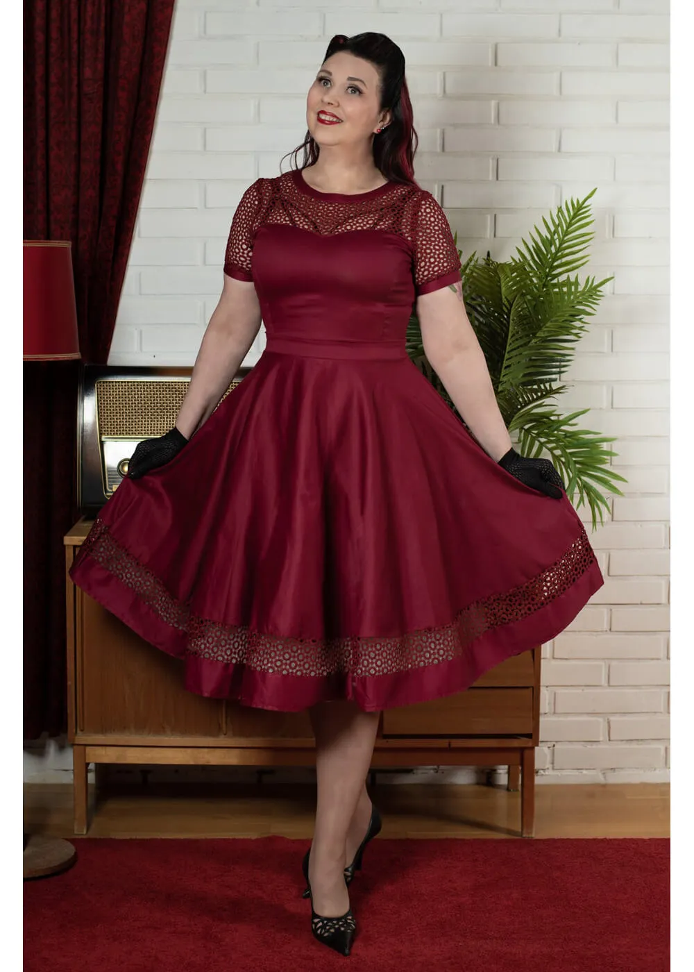 Dolly & Dotty Tess Embroided 50's Swing Dress Burgundy