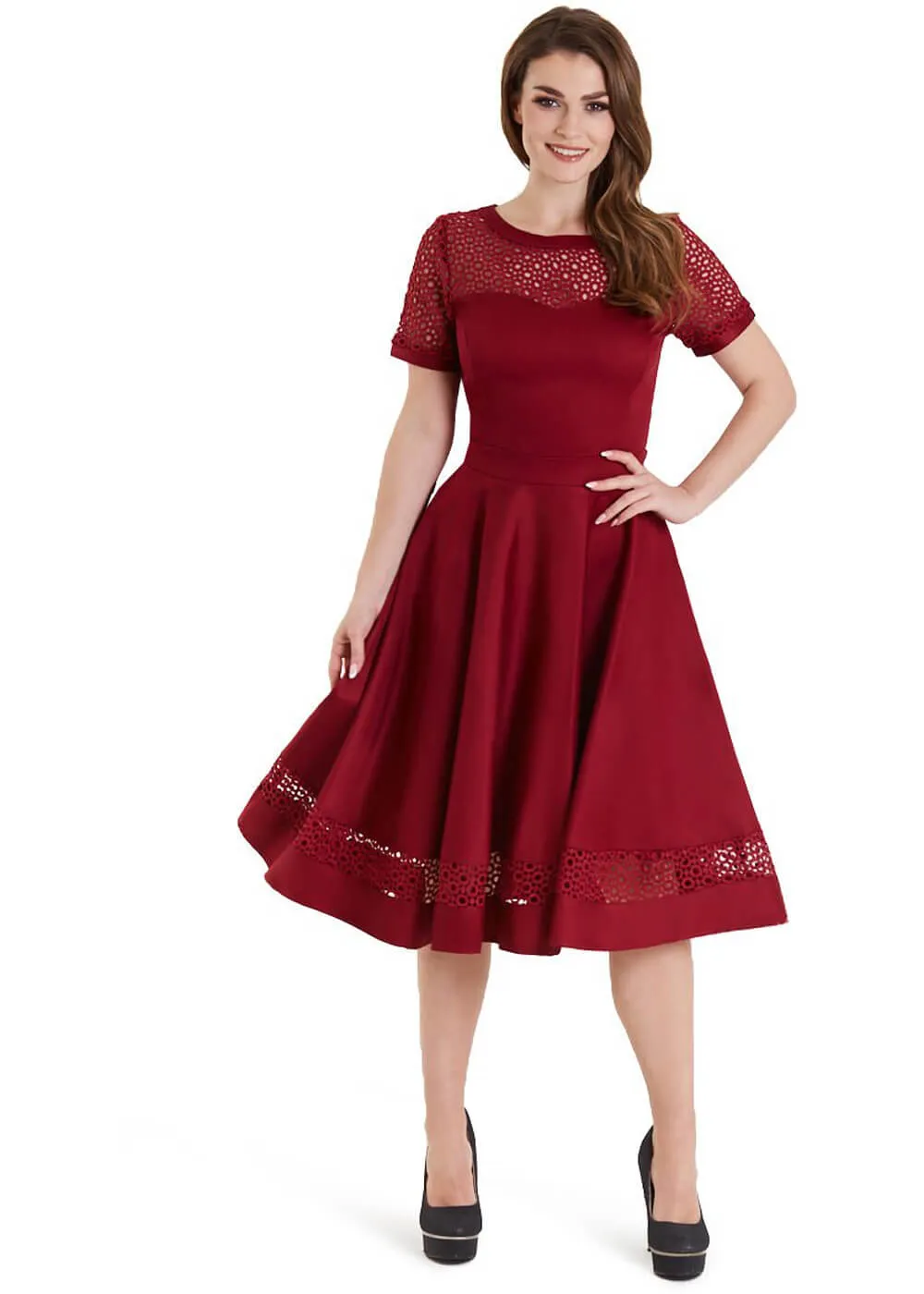 Dolly & Dotty Tess Embroided 50's Swing Dress Burgundy