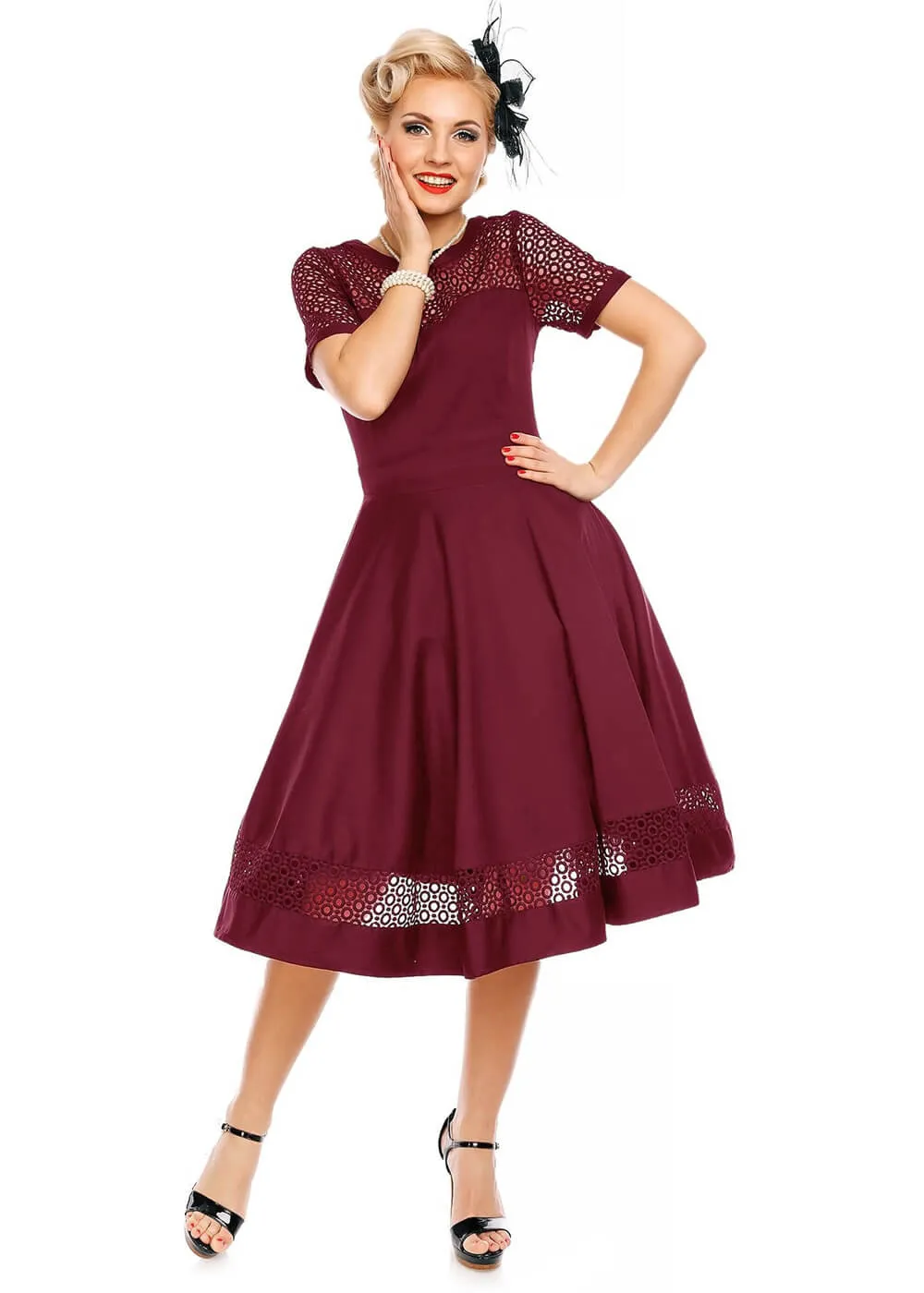 Dolly & Dotty Tess Embroided 50's Swing Dress Burgundy