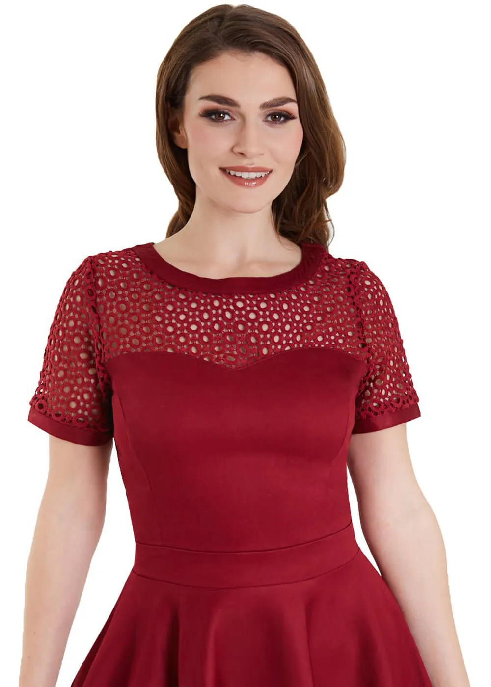 Dolly & Dotty Tess Embroided 50's Swing Dress Burgundy