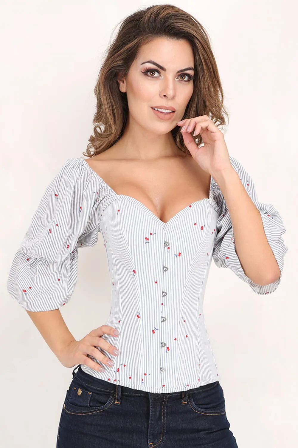 Dream Cherry Print Summer Corset with Attached Sleeve