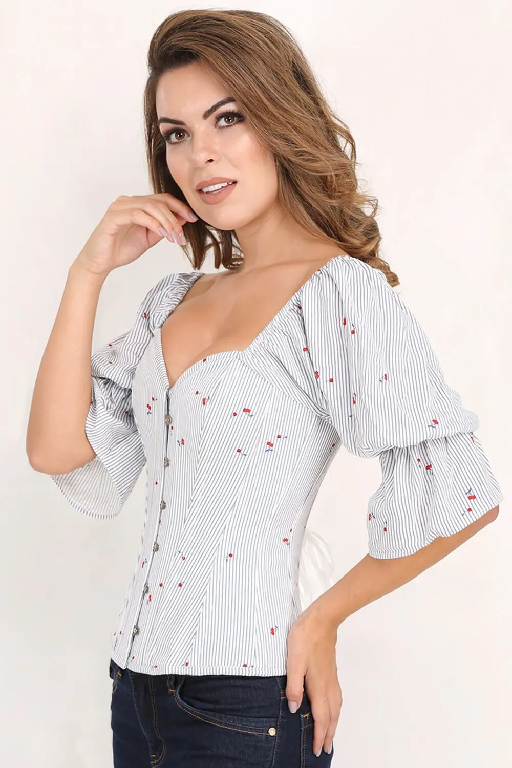 Dream Cherry Print Summer Corset with Attached Sleeve