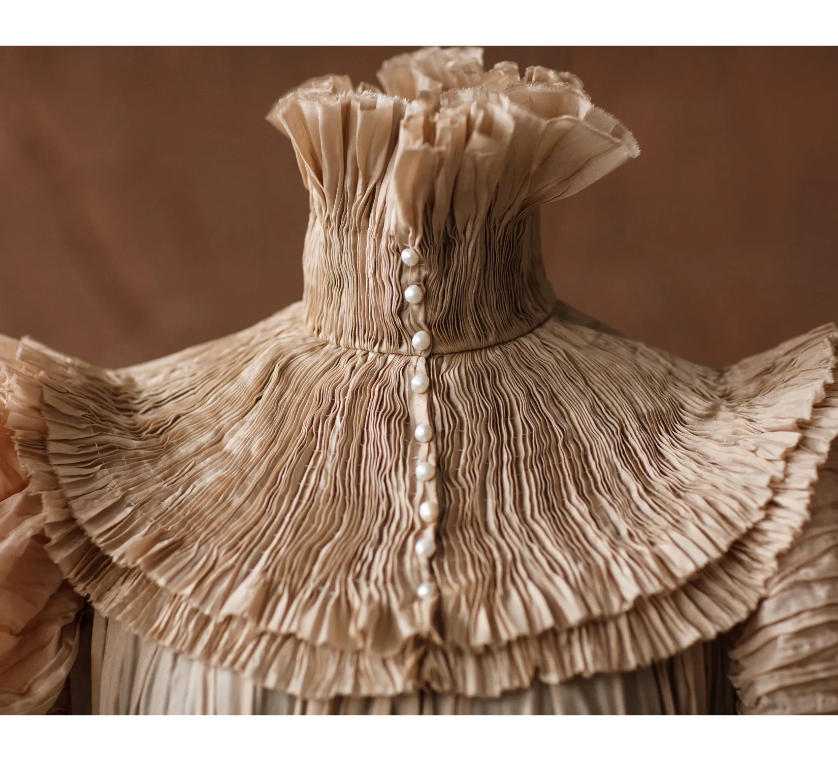 Edwardian beige silk Edith Cushing Crimson Peak pleated nightgown