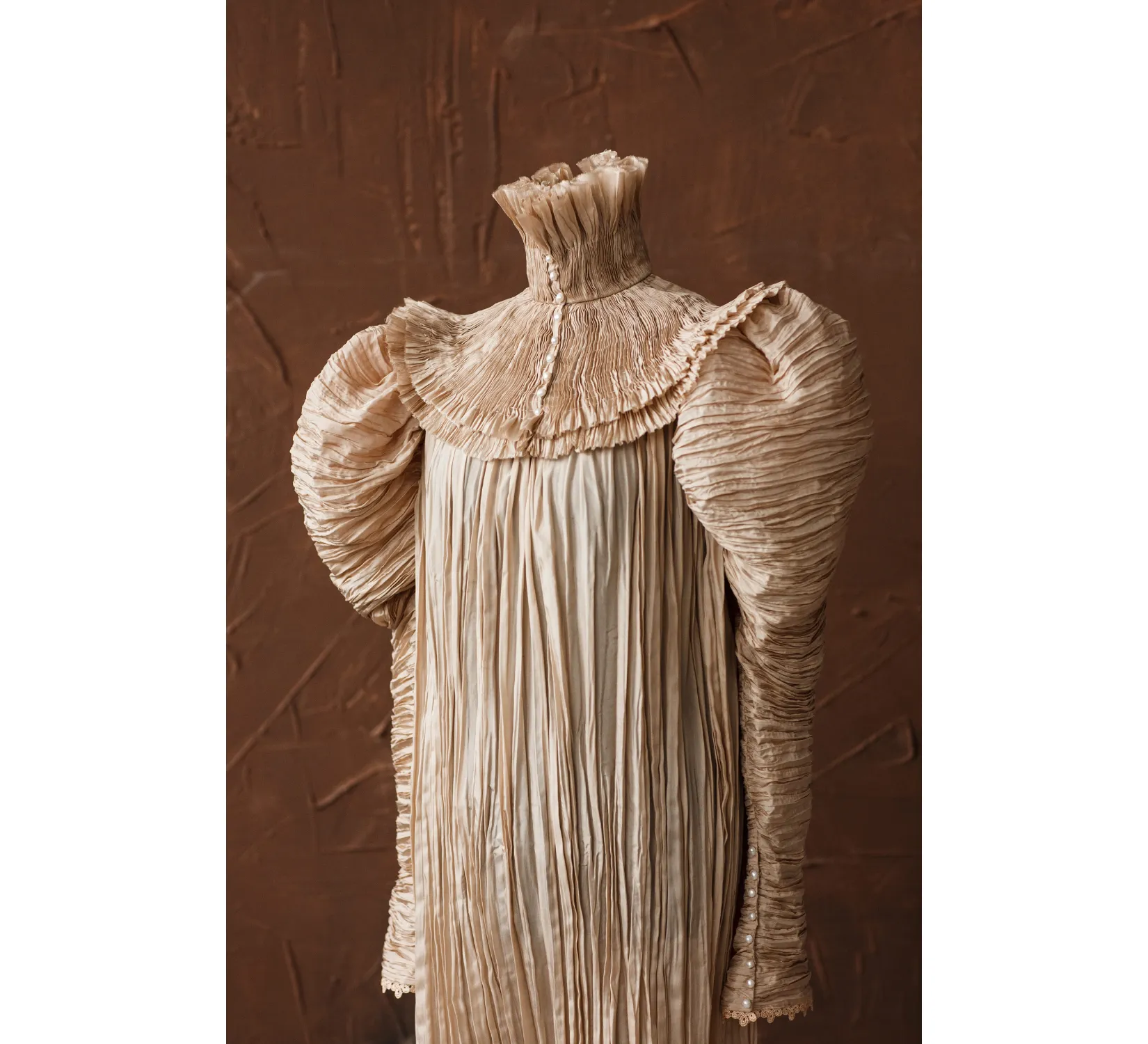 Edwardian beige silk Edith Cushing Crimson Peak pleated nightgown