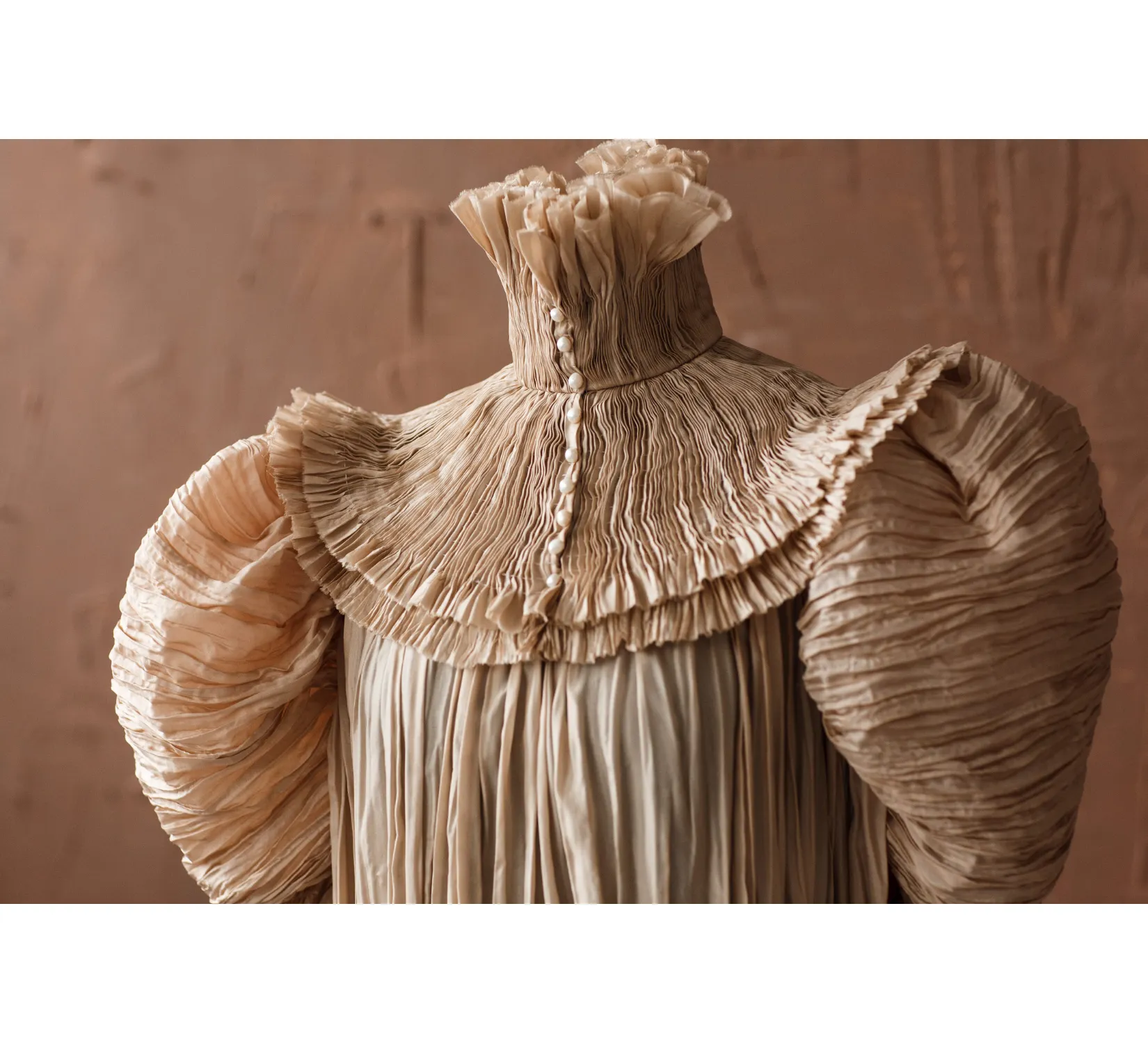 Edwardian beige silk Edith Cushing Crimson Peak pleated nightgown