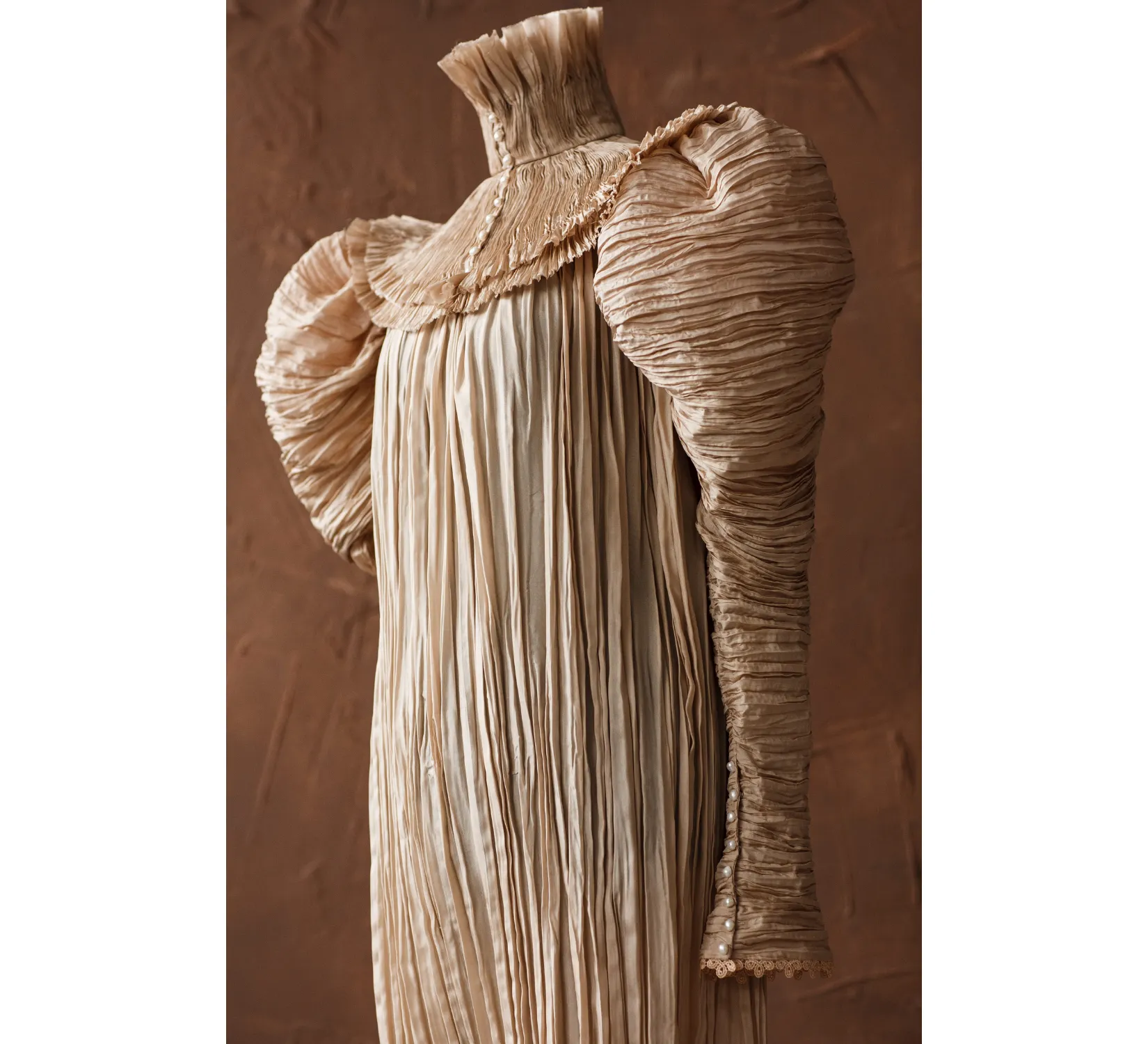 Edwardian beige silk Edith Cushing Crimson Peak pleated nightgown