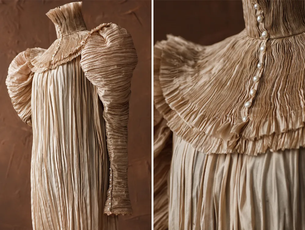 Edwardian beige silk Edith Cushing Crimson Peak pleated nightgown