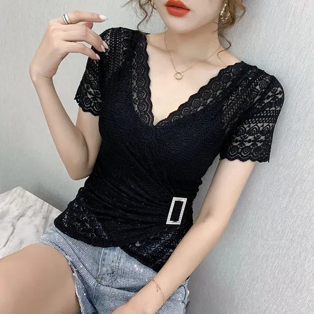 Elegant Sexy Women Blouse V-neck Lace Blue Top
