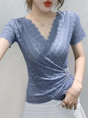 Elegant Sexy Women Blouse V-neck Lace Blue Top