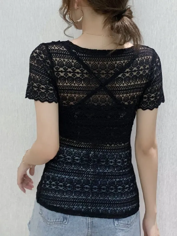 Elegant Sexy Women Blouse V-neck Lace Blue Top