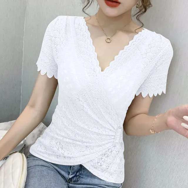 Elegant Sexy Women Blouse V-neck Lace Blue Top