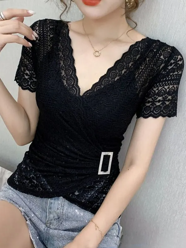 Elegant Sexy Women Blouse V-neck Lace Blue Top