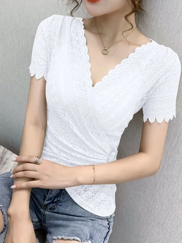 Elegant Sexy Women Blouse V-neck Lace Blue Top