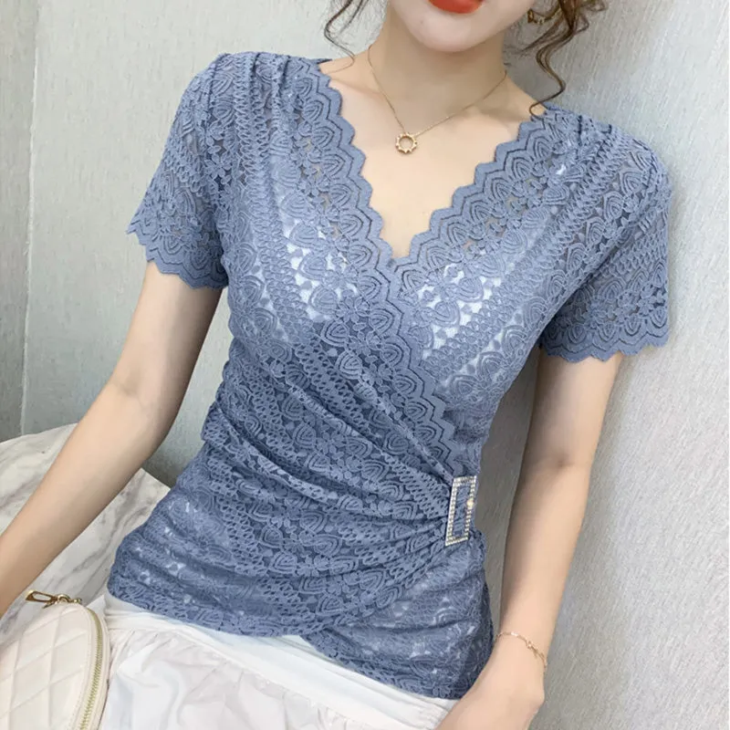 Elegant Sexy Women Blouse V-neck Lace Blue Top
