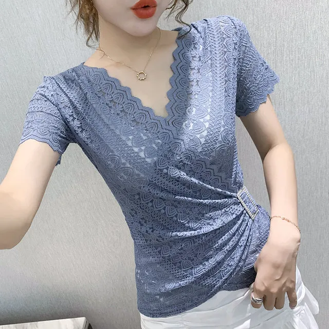 Elegant Sexy Women Blouse V-neck Lace Blue Top