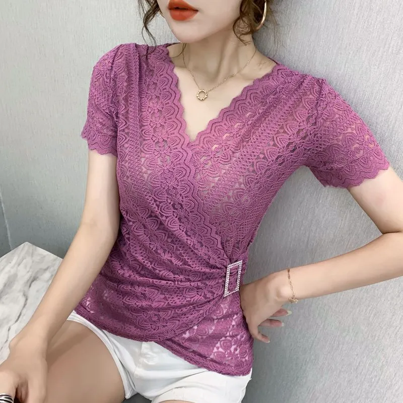 Elegant Sexy Women Blouse V-neck Lace Blue Top