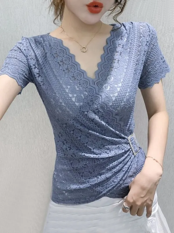 Elegant Sexy Women Blouse V-neck Lace Blue Top