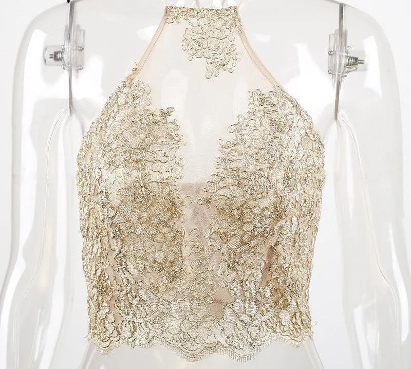 Elegant white lace crop top beach backless short halter tops white party camis gauze metallic women tank top