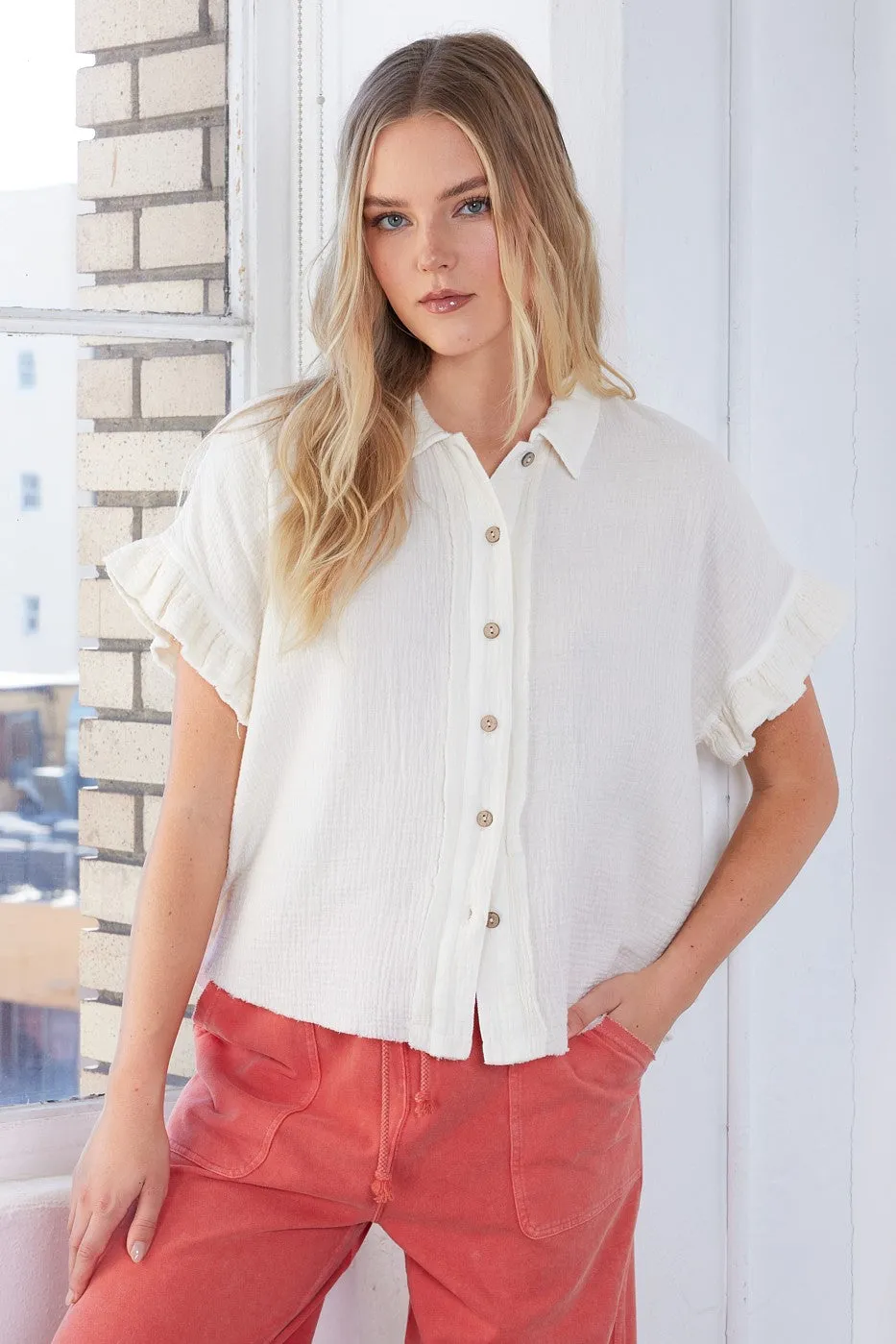 Erica Gauze Ruffle Short Sleeve Top