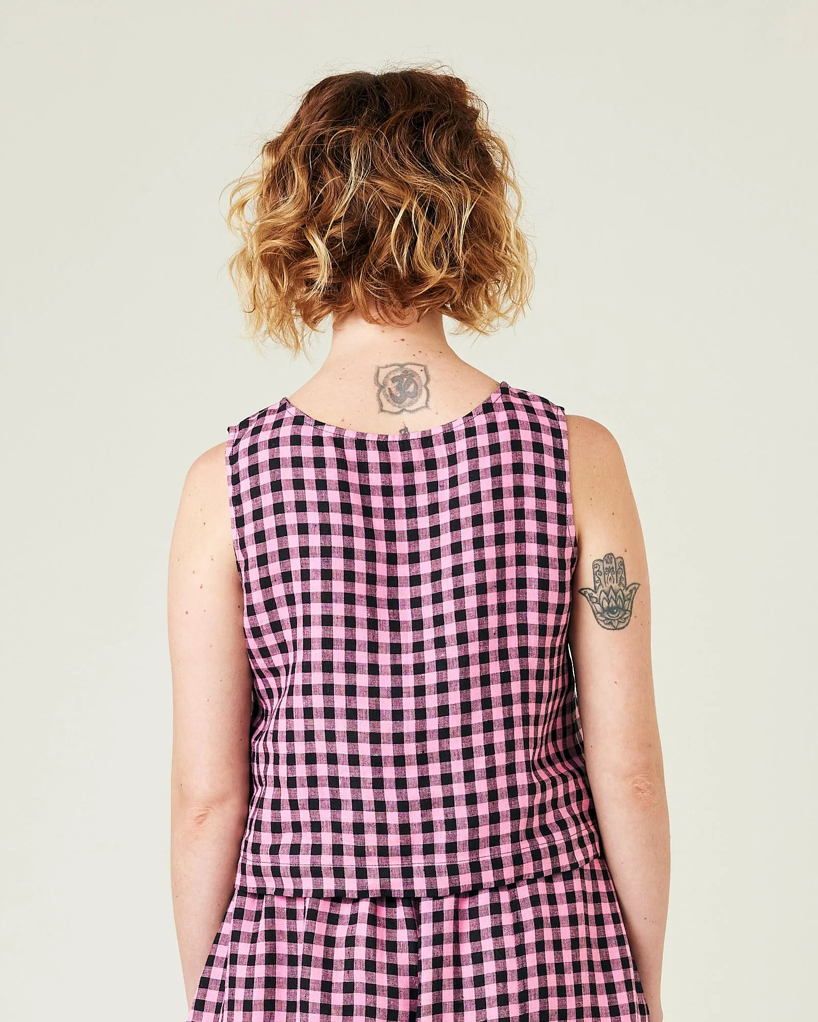 Esme Pink & Black Gingham Linen Top