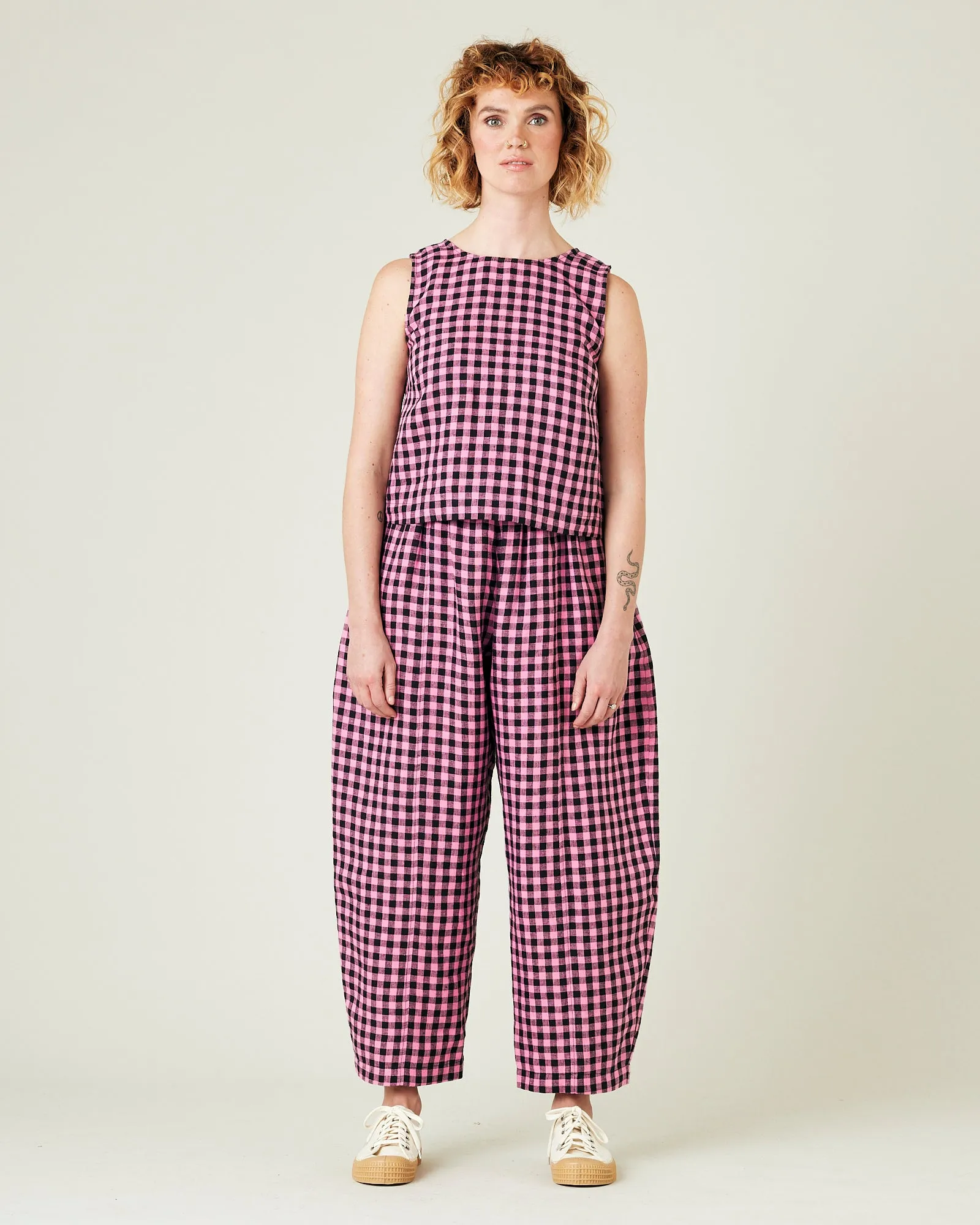 Esme Pink & Black Gingham Linen Top