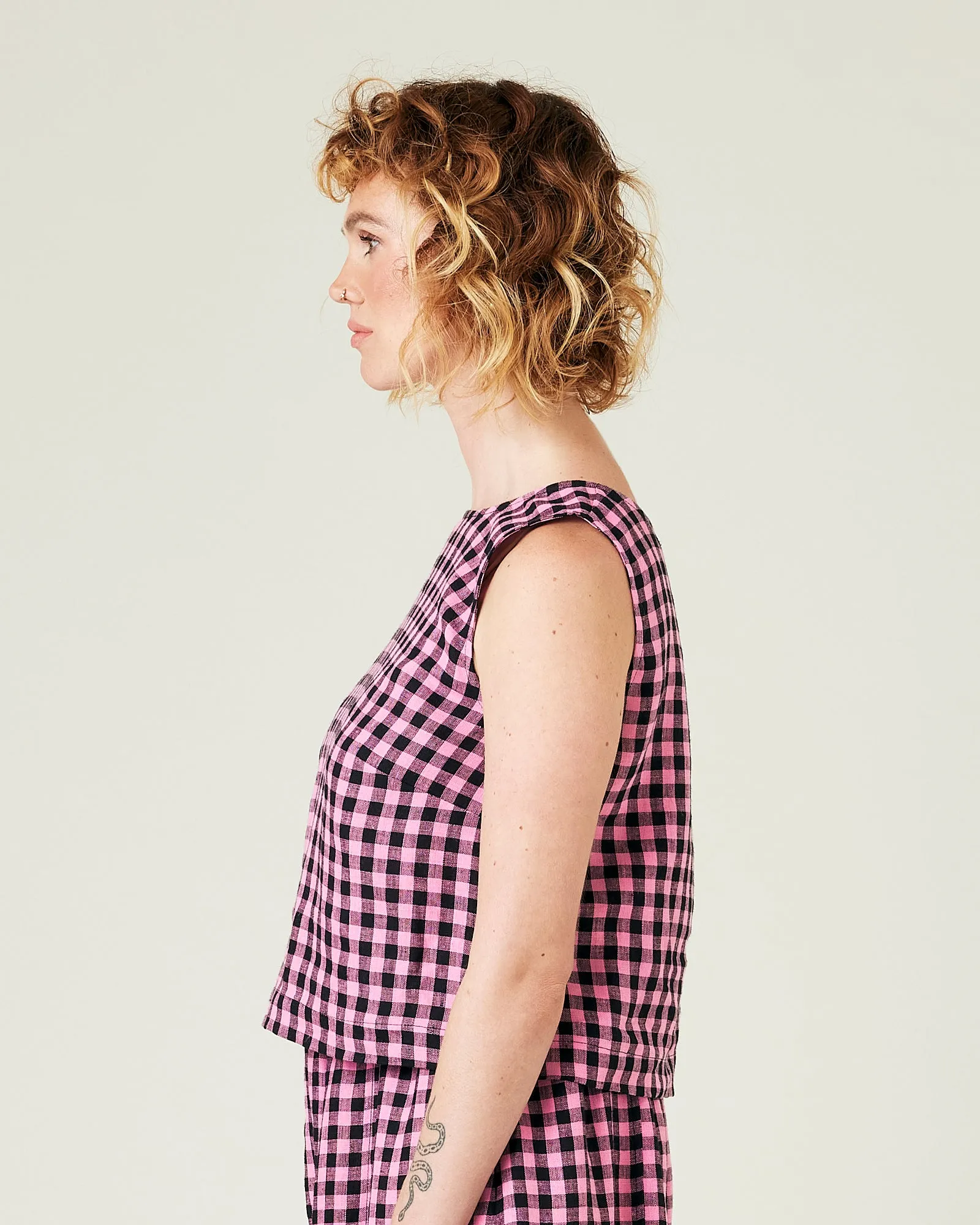 Esme Pink & Black Gingham Linen Top