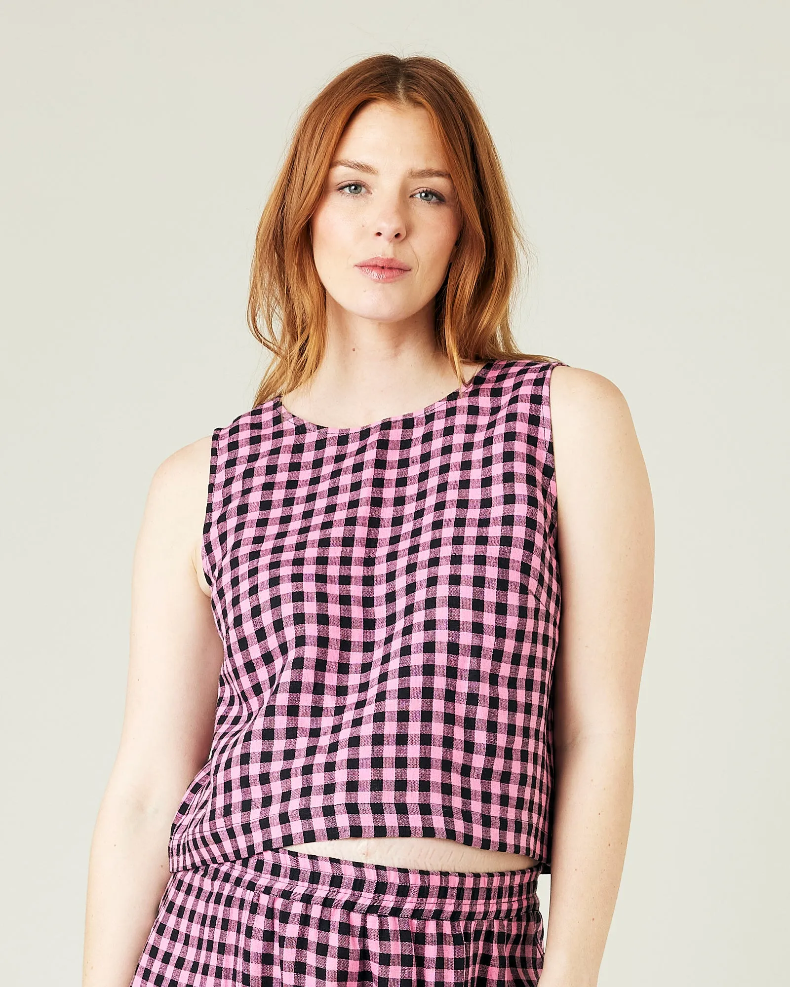 Esme Pink & Black Gingham Linen Top