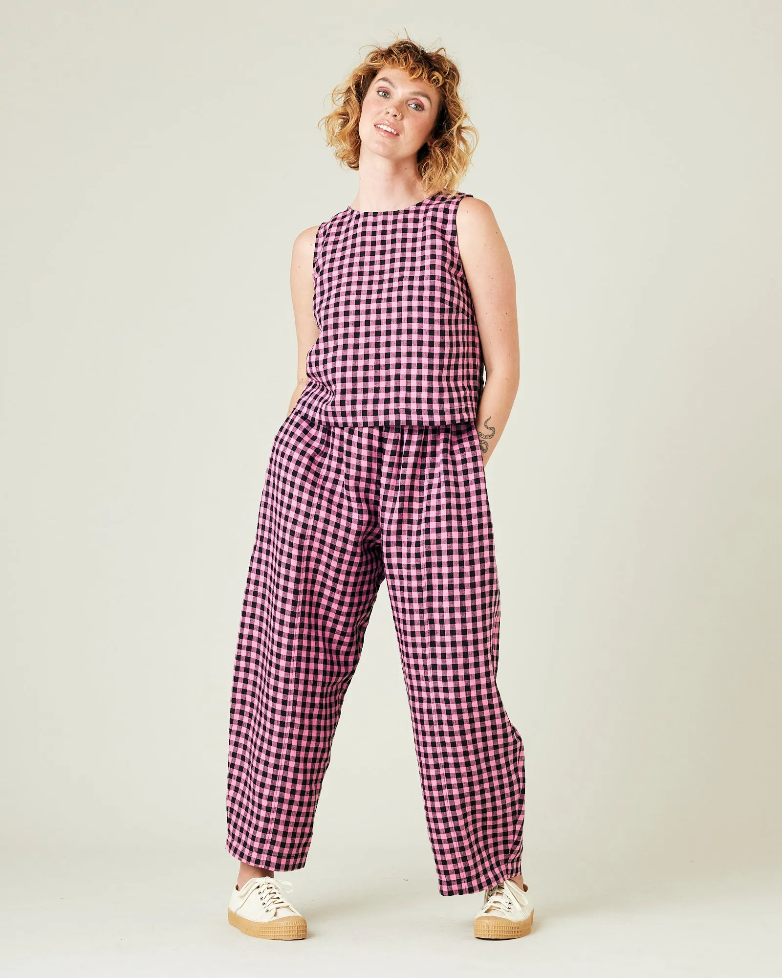Esme Pink & Black Gingham Linen Top