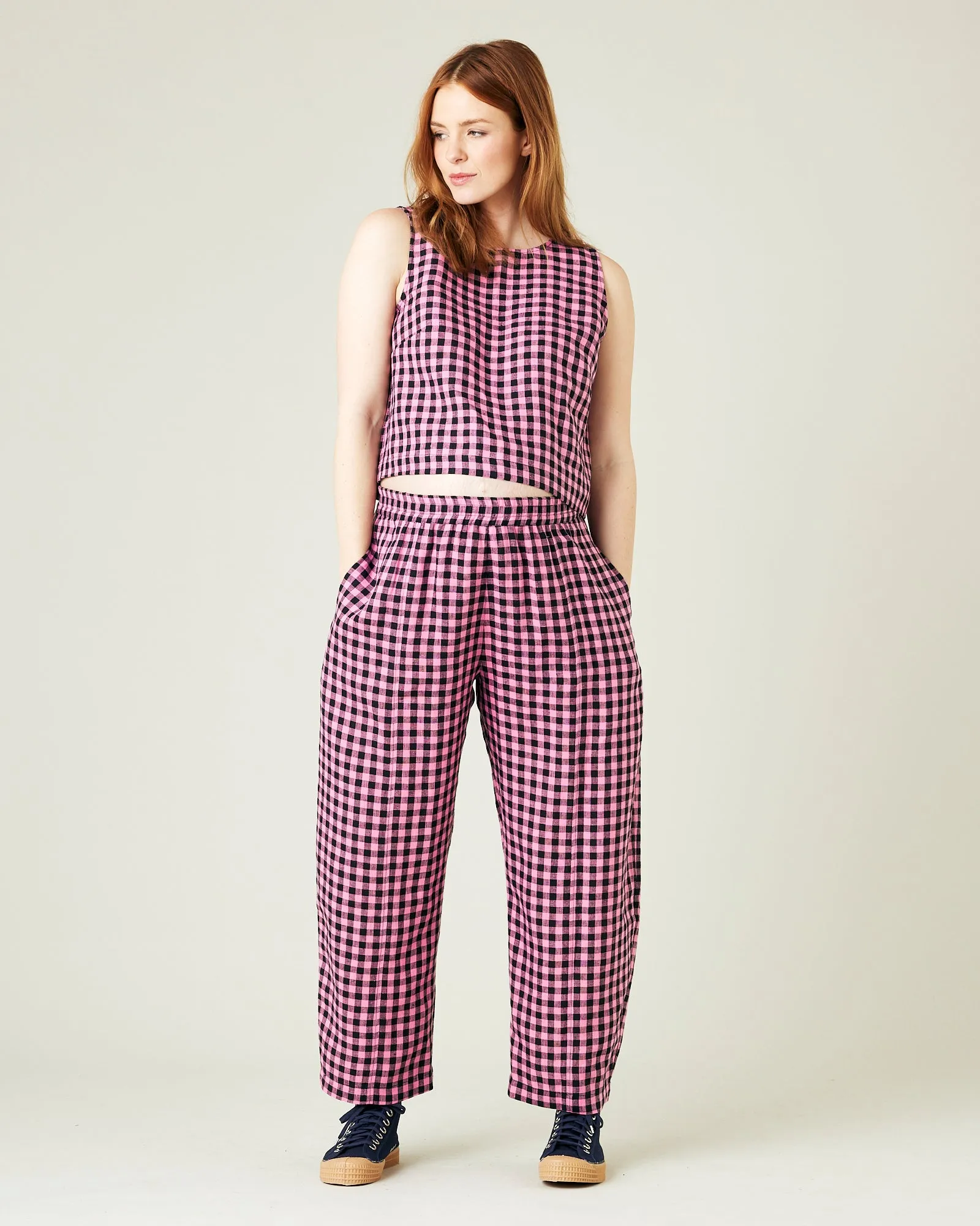 Esme Pink & Black Gingham Linen Top