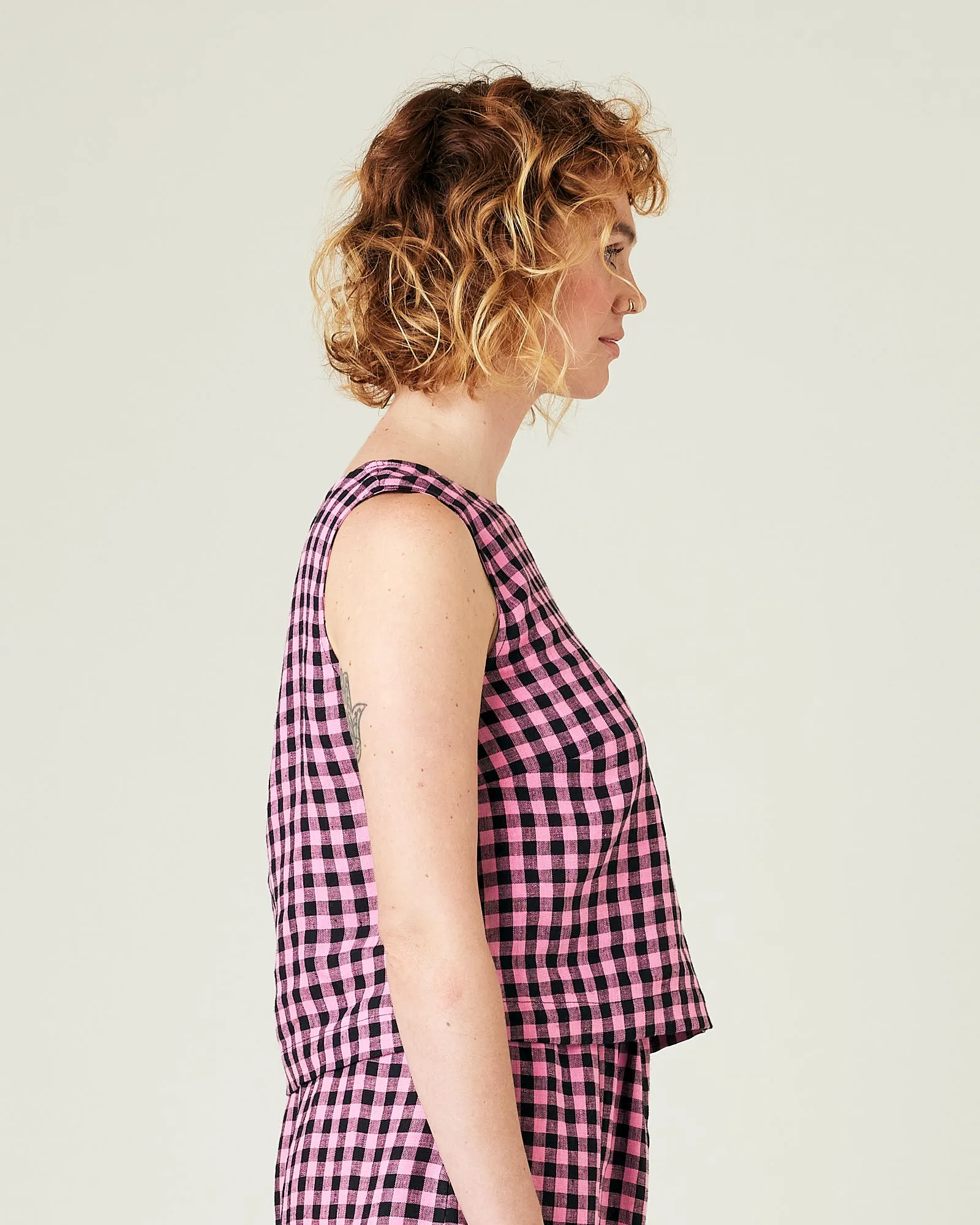 Esme Pink & Black Gingham Linen Top