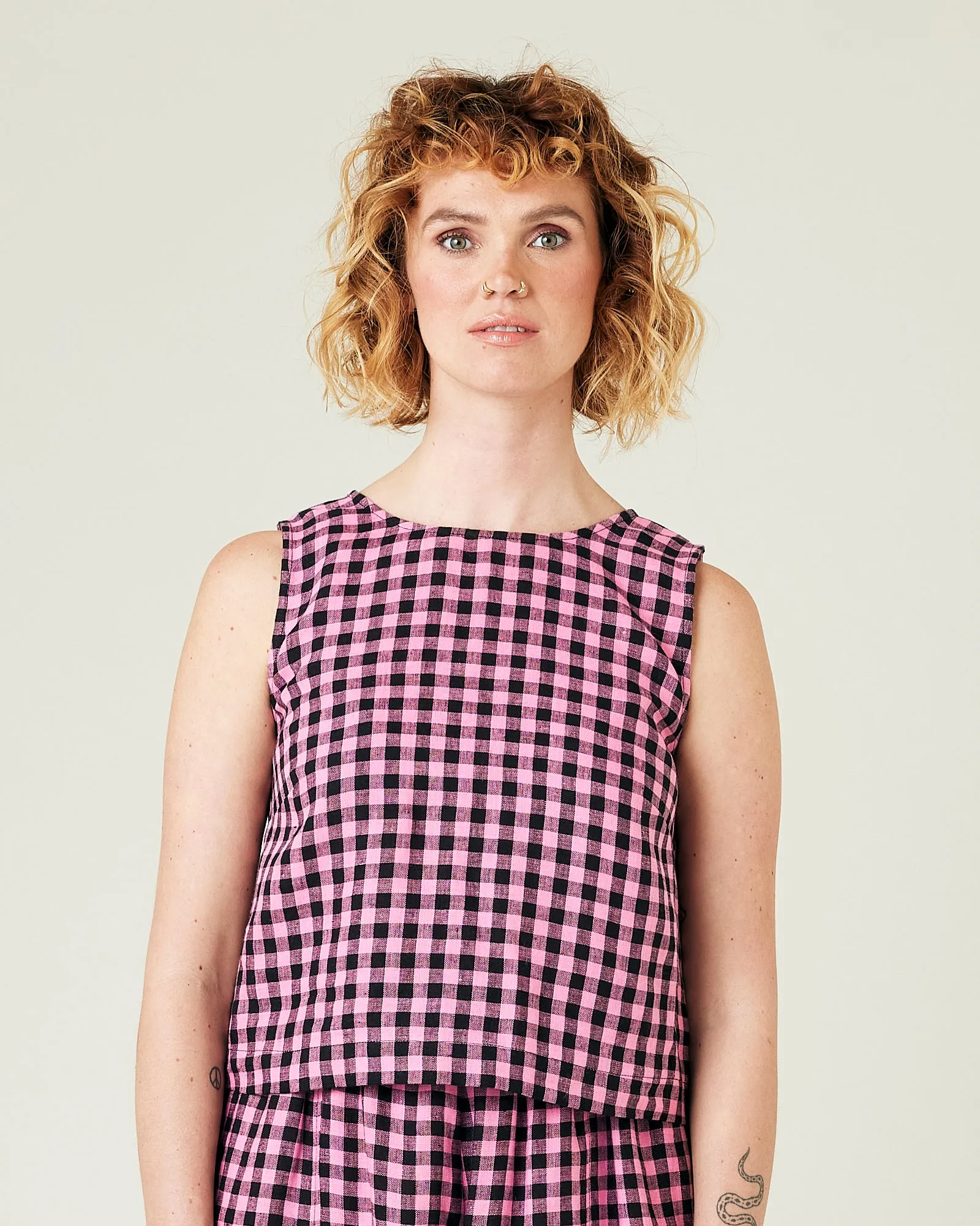Esme Pink & Black Gingham Linen Top