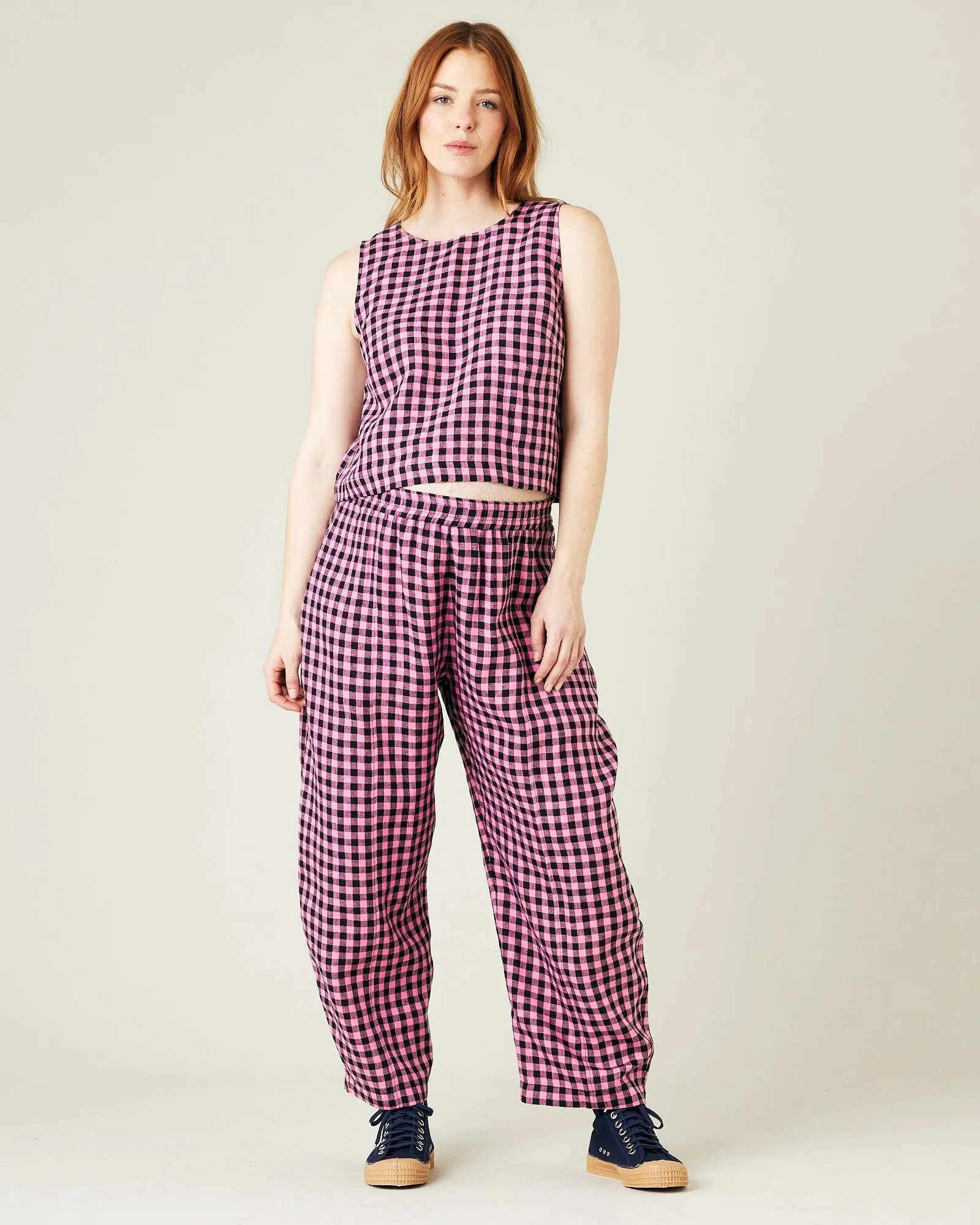 Esme Pink & Black Gingham Linen Top