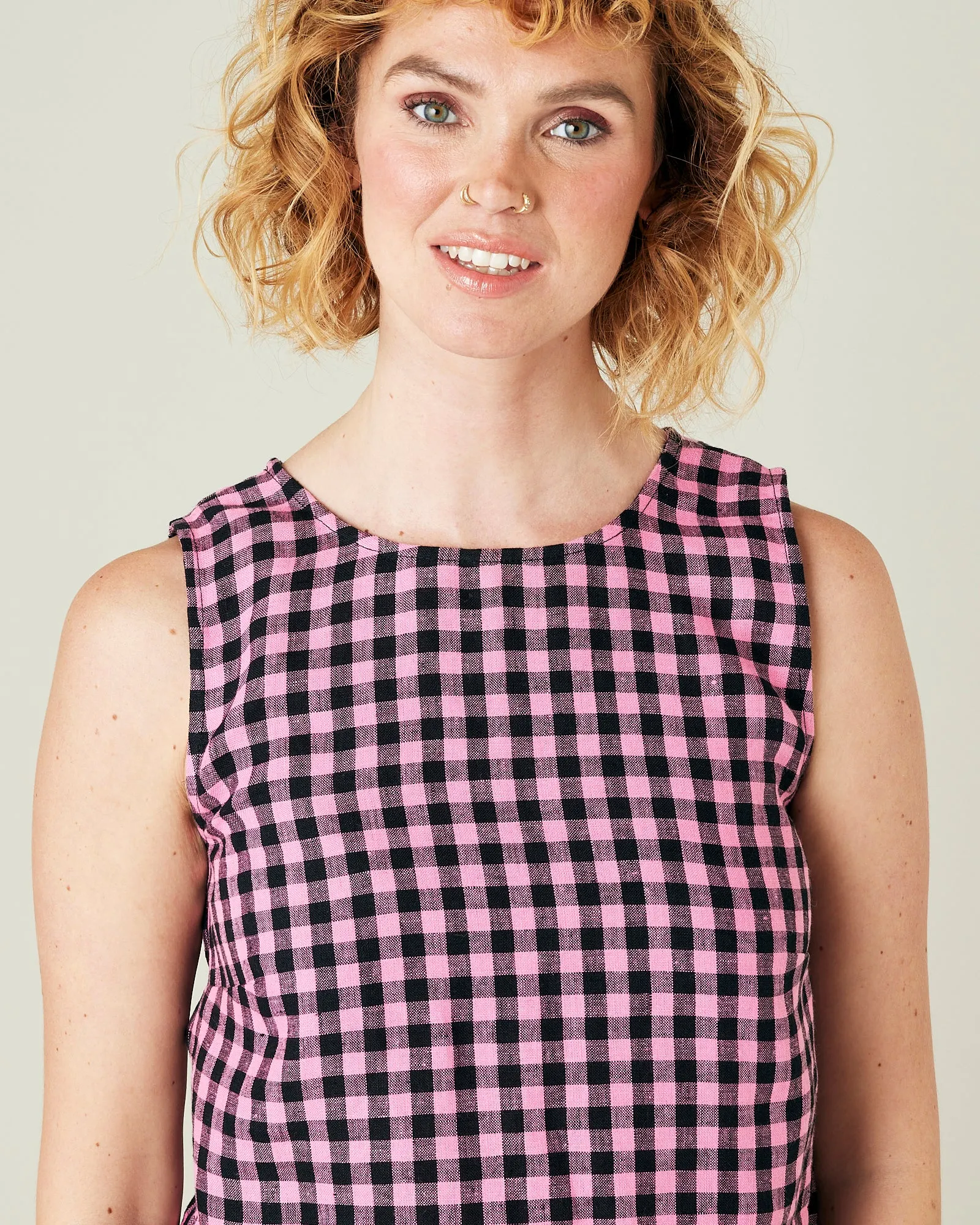 Esme Pink & Black Gingham Linen Top