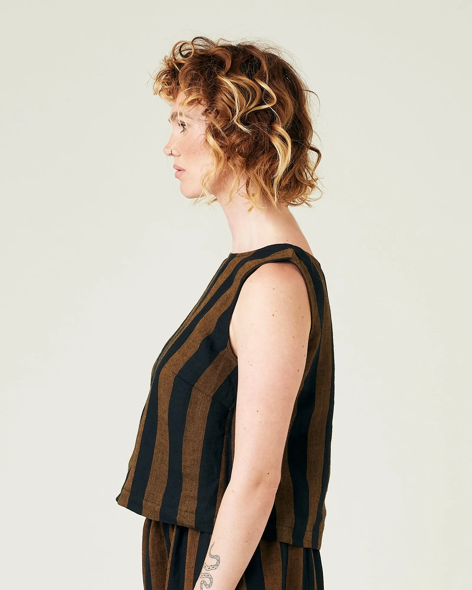 Esme Rust & Black Stripe Linen Top