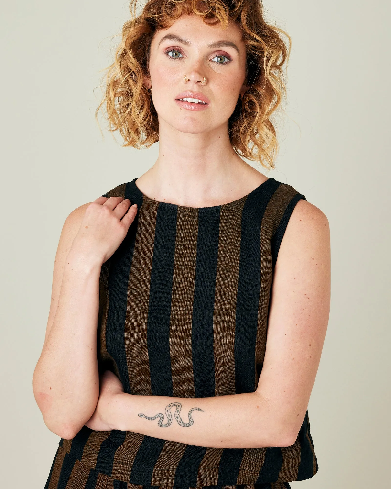 Esme Rust & Black Stripe Linen Top
