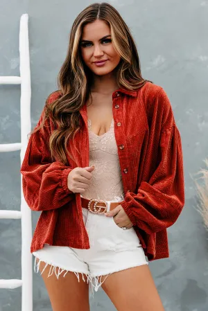 Ezra Corduroy Bubble Sleeve Button-Down Top(Rust)