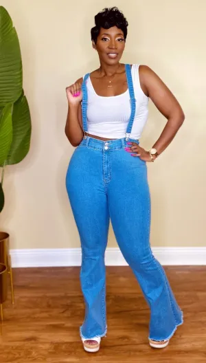 FLARE LEG SUSPENDER JEANS (Medium Blue)