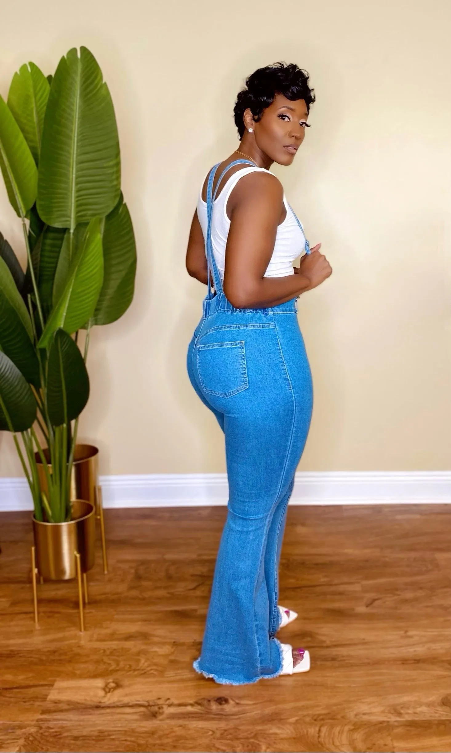 FLARE LEG SUSPENDER JEANS (Medium Blue)