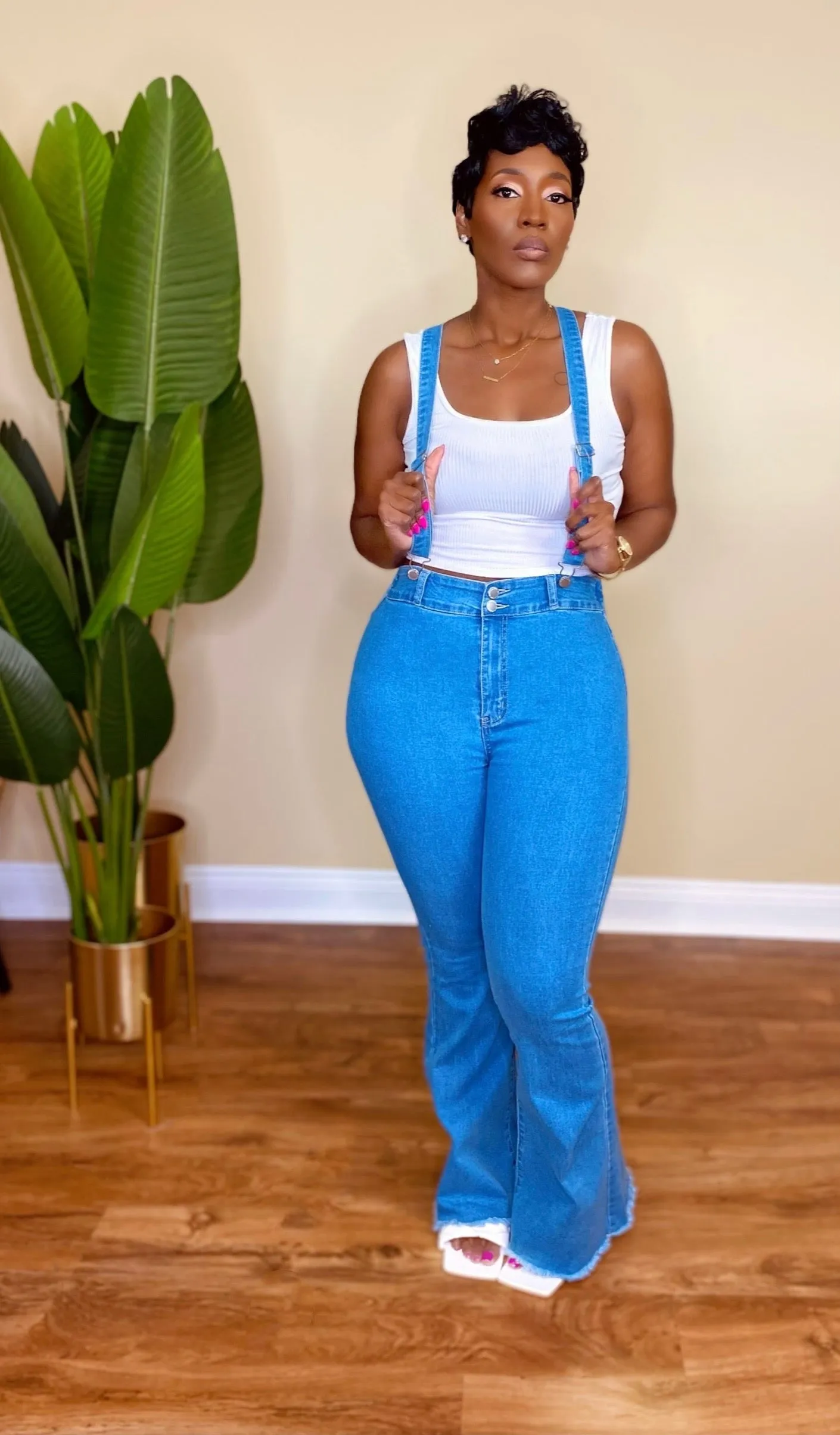 FLARE LEG SUSPENDER JEANS (Medium Blue)