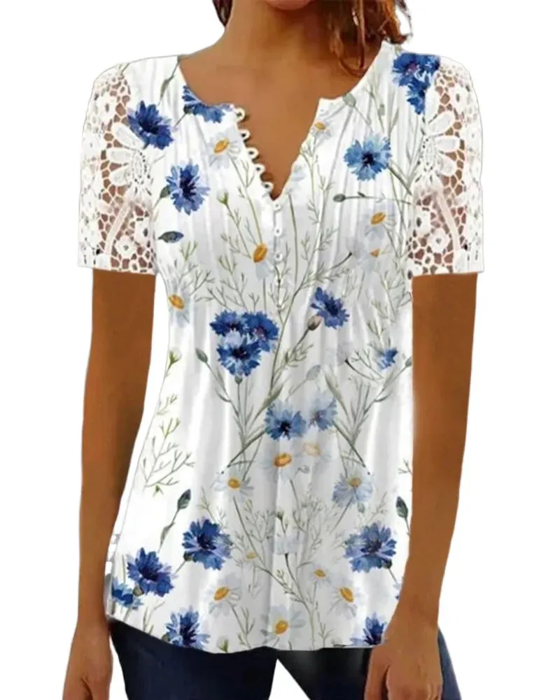 Floral Lace V-Neck Blouse – Loose Fit Summer Short Sleeve Shirt