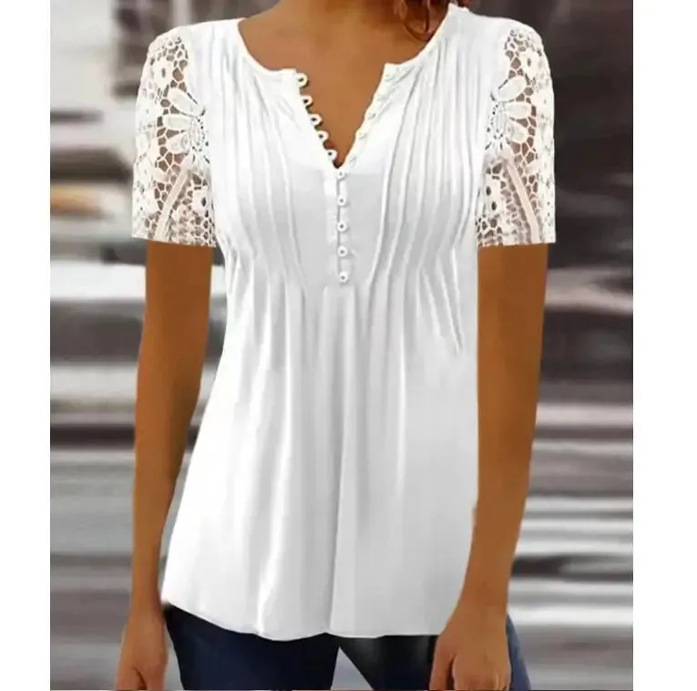 Floral Lace V-Neck Blouse – Loose Fit Summer Short Sleeve Shirt