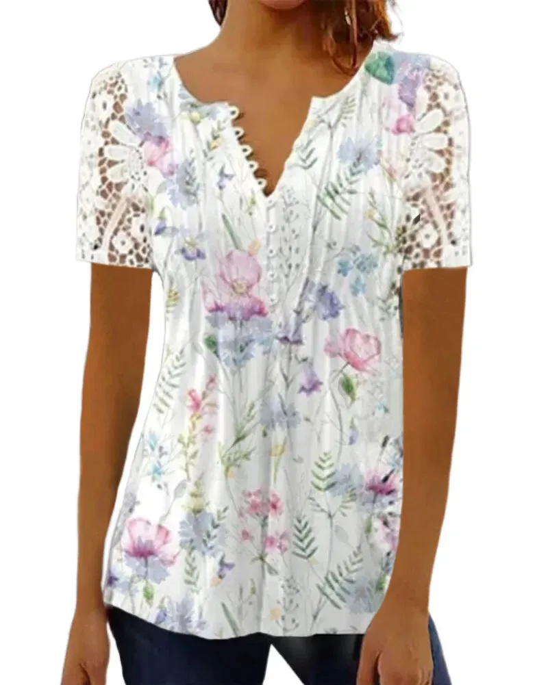 Floral Lace V-Neck Blouse – Loose Fit Summer Short Sleeve Shirt
