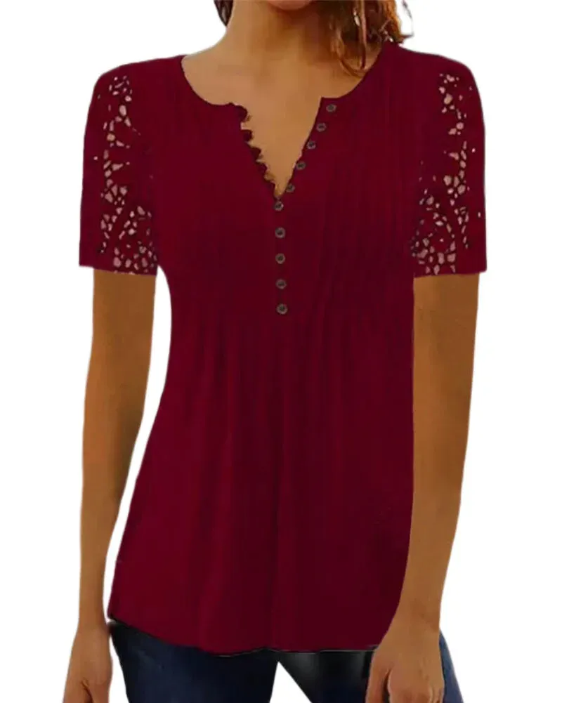 Floral Lace V-Neck Blouse – Loose Fit Summer Short Sleeve Shirt