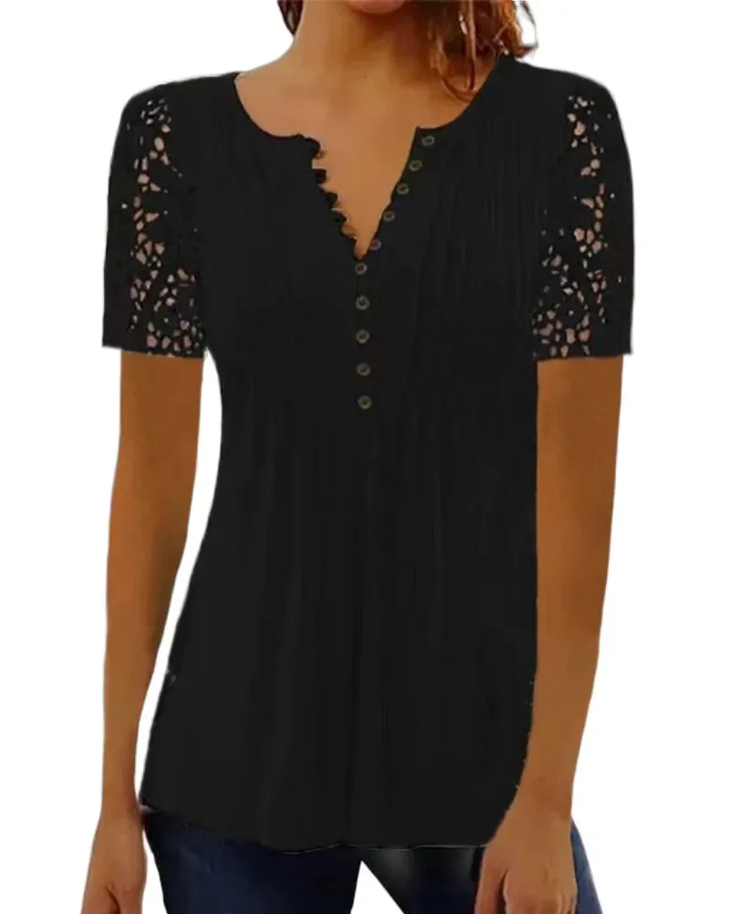 Floral Lace V-Neck Blouse – Loose Fit Summer Short Sleeve Shirt