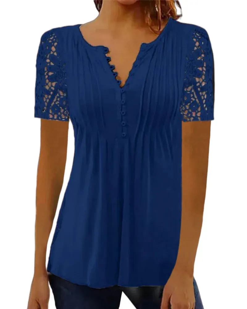 Floral Lace V-Neck Blouse – Loose Fit Summer Short Sleeve Shirt